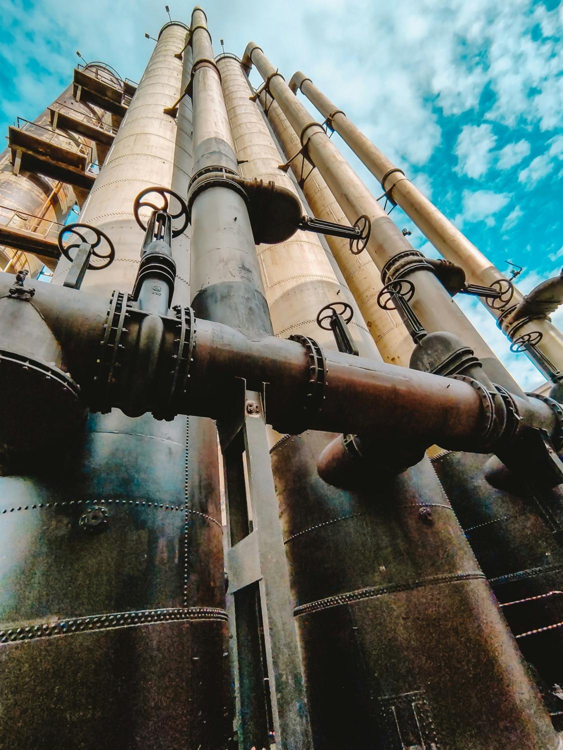 Process plant towers with pipework and valves