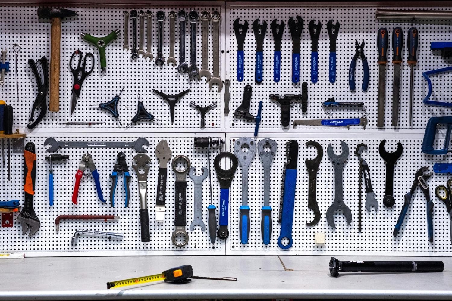 Hand tools on a workshop wall